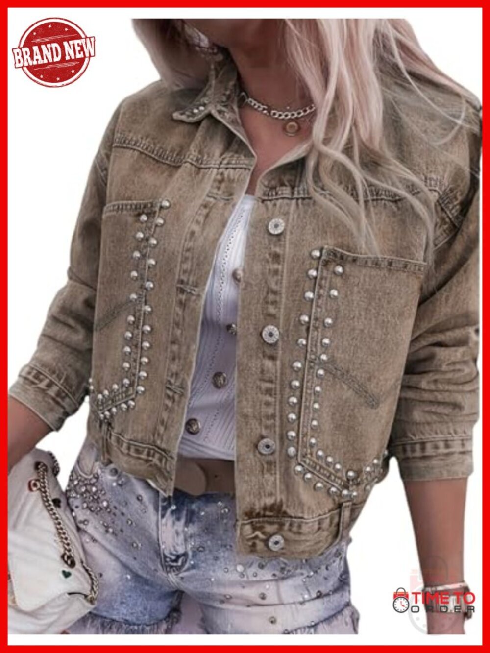 Cropped Studded Denim Jacket Long Sleeve Western Rivet Coat